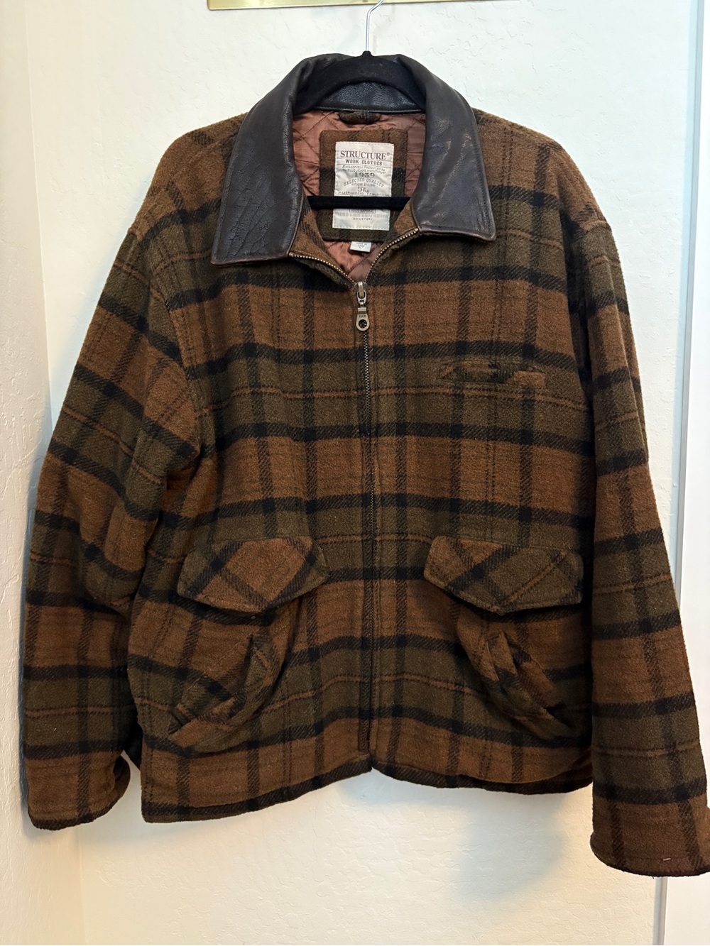 Structure Brown and Black Plaid Zip-Up Jacket with Dark Collar